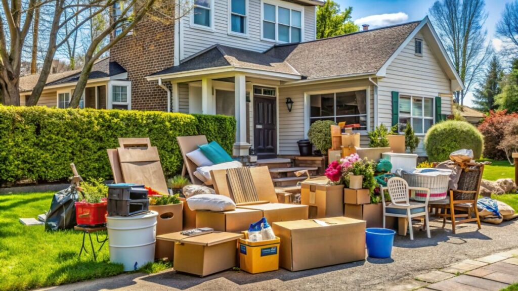 jardin devant un maison plein de mobilier à stocker, à donner ou à vendre